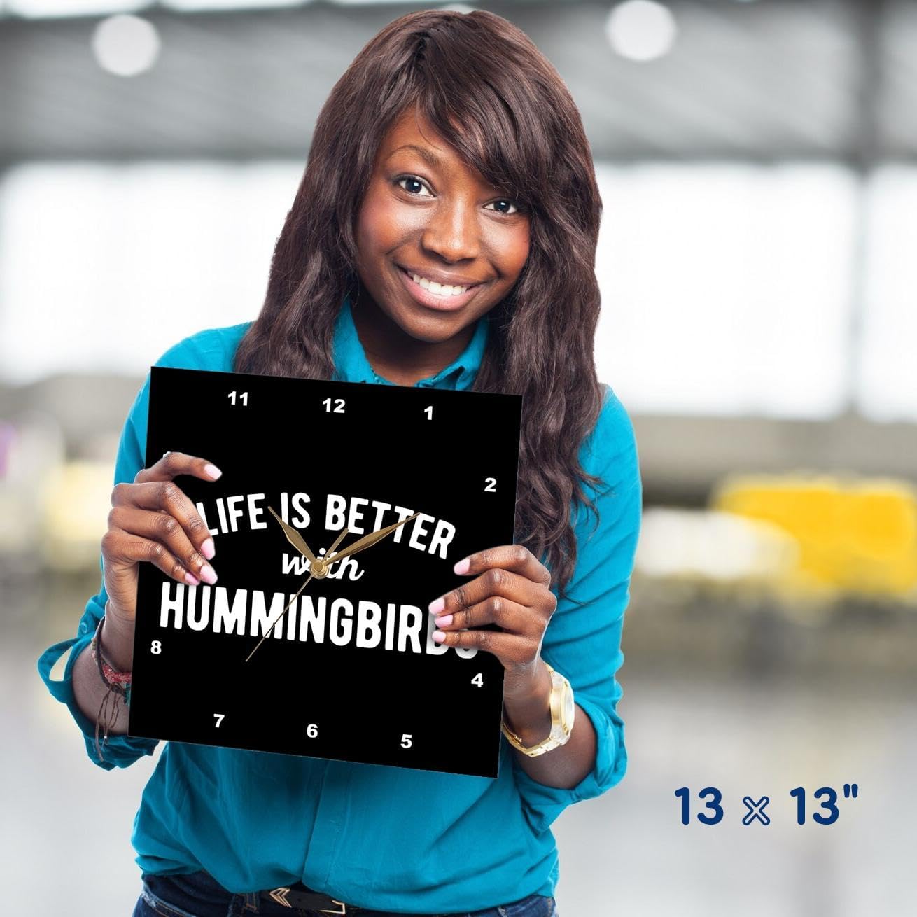 3dRose Wall Clock Silent - 13 inch - Life is Better with Hummingbirds. White Lettering on Black Background. - Stamp City - Typography