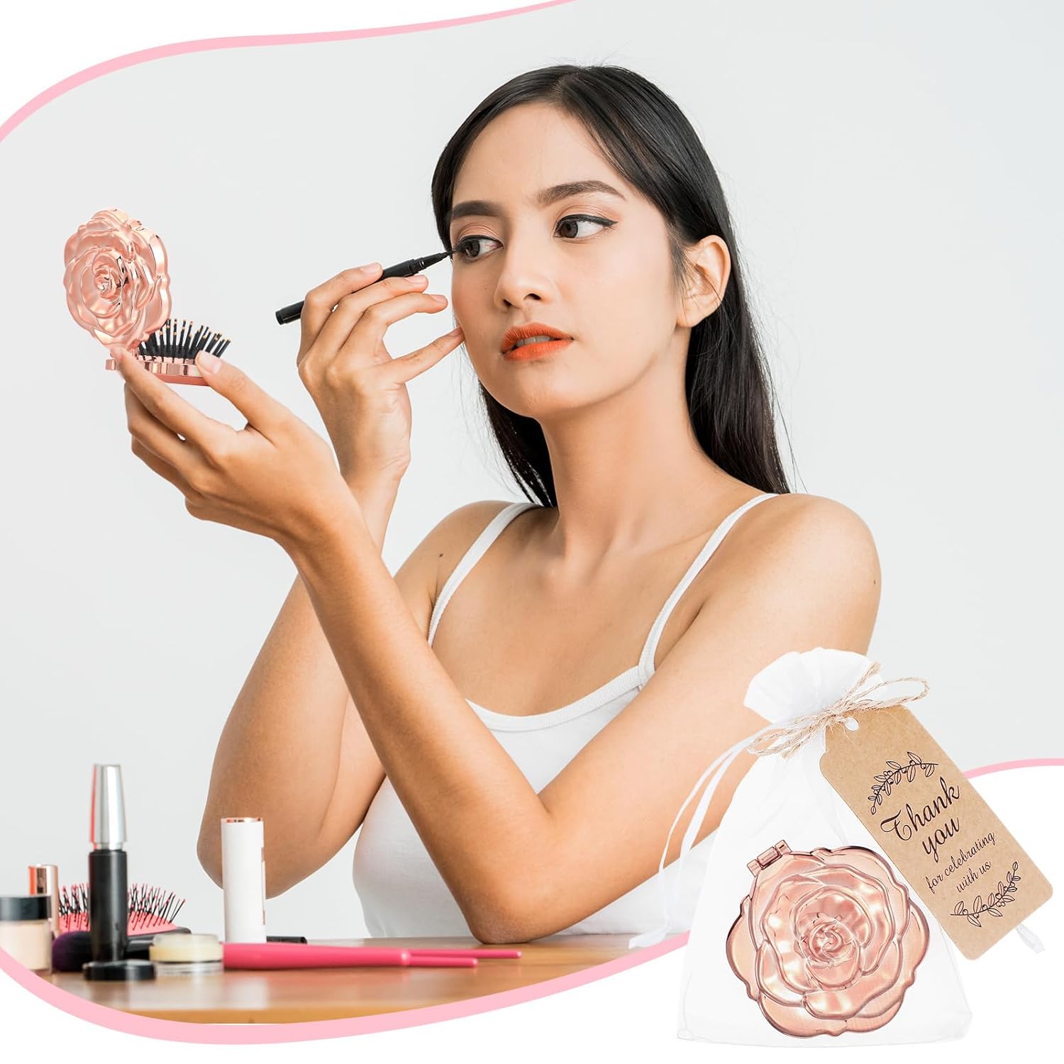 50 Sets Rose Compact Mirrors Brush Bulk Quinceanera Wedding Party Favors for Guests Rose Makeup Mirror with Thank You Tag Twine and Organza Bag for Bridal Shower Souvenir Gift