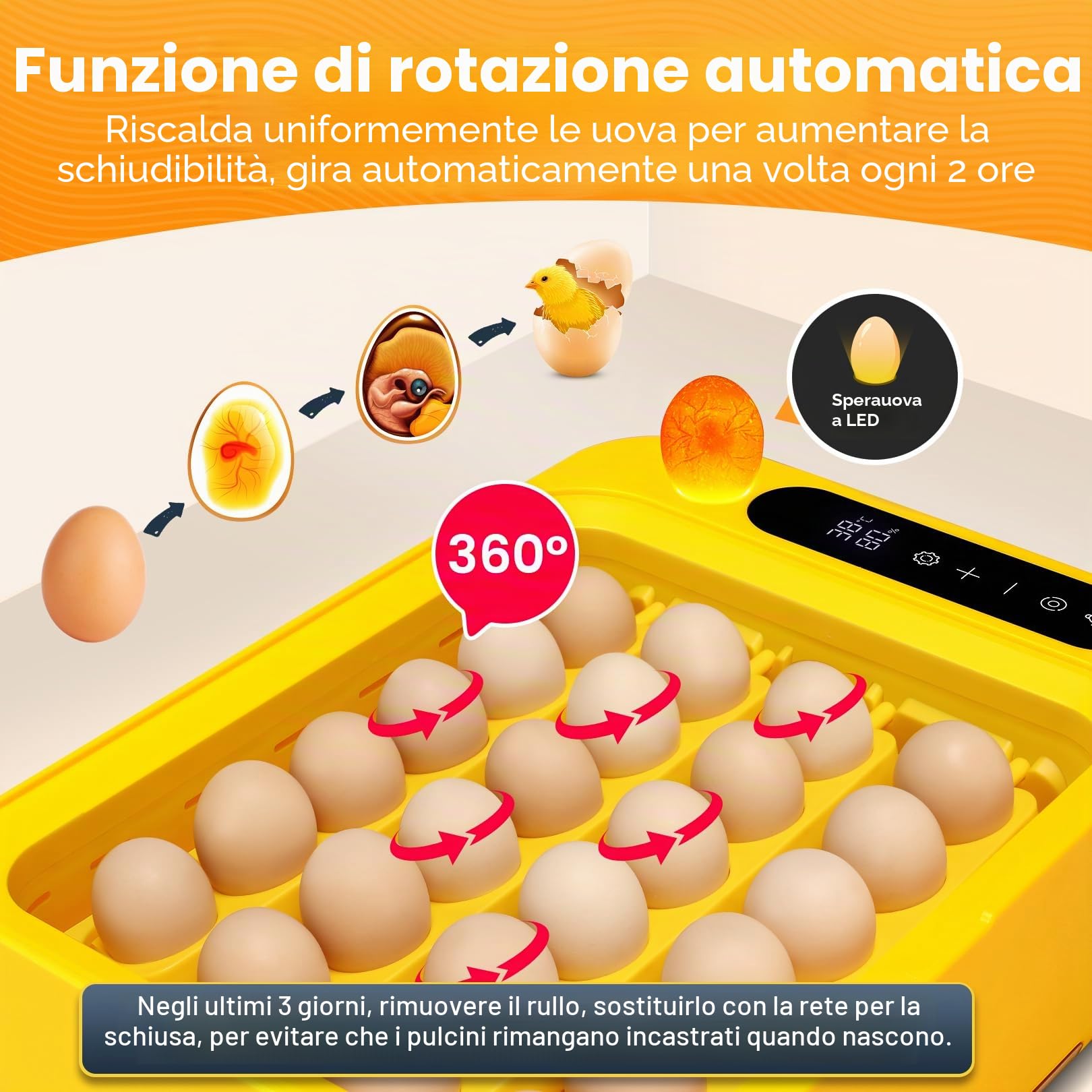 Sailnovo - 24 incubatrici per polli, altri uccelli + 20 uova + incubatrice completamente automatica + controllo della temperatura + indicatore di umidità + aggiunta di acqua esterna - giallo