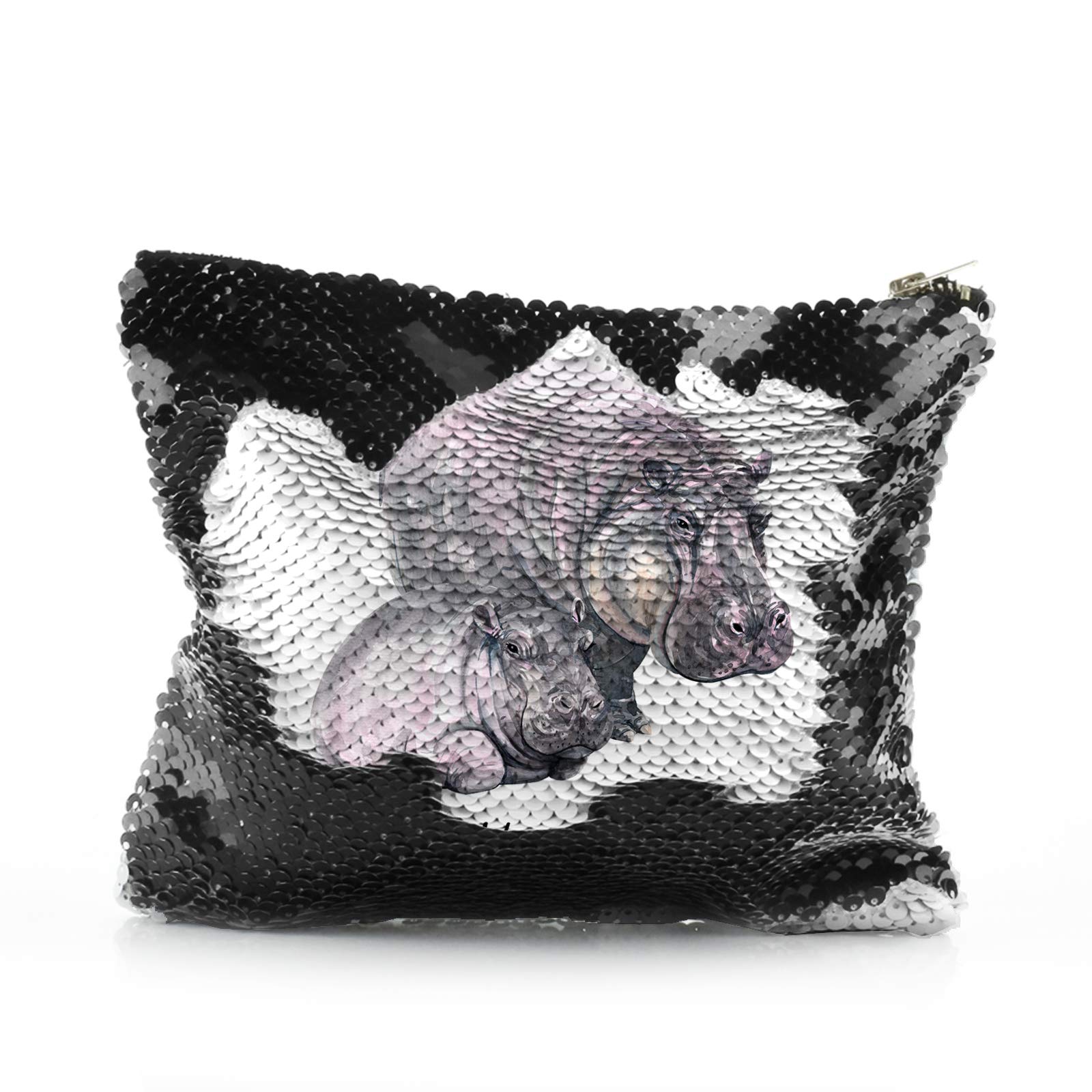 Personalised Bag, Black and White Sequin Bag Customised with Initial/Name, Mother and Baby Hippopotamus Led & Stood Design Print, Zip Storage Bag, Makeup Bag, Pencil Case, Size: (16.5cm x 20.5cm)