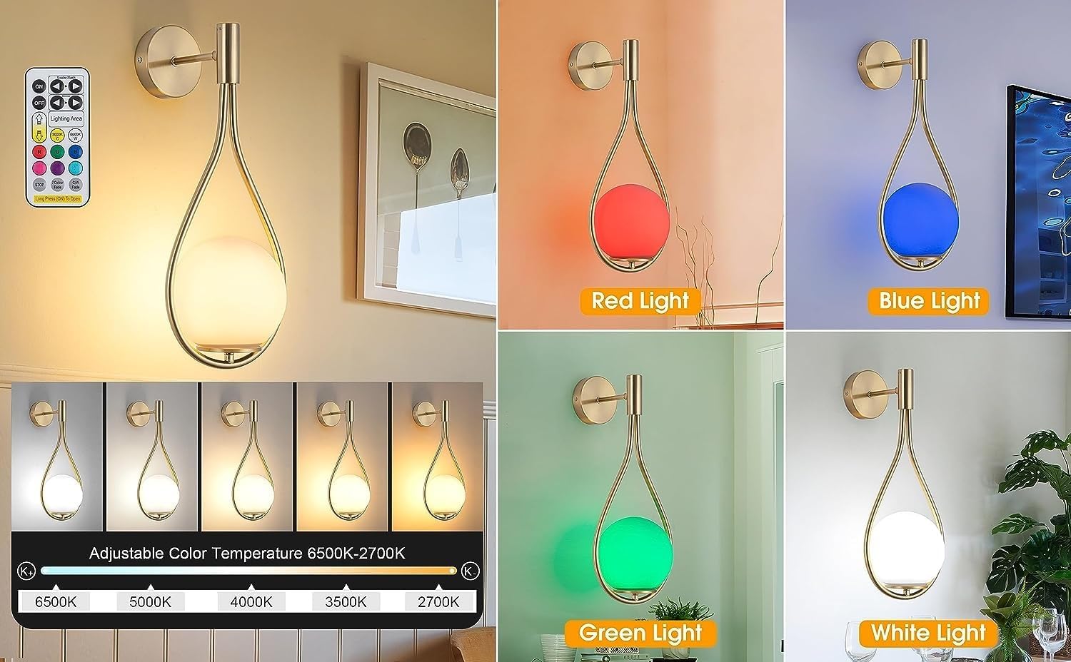 Pack Wall Sconces/Wall Lights, Not Hardwired Brass Gold -White Glass Globe Wall Lamps, Wireless Light Fixture for Bedroom, Living Room, Bathroom, Hallway (GD)