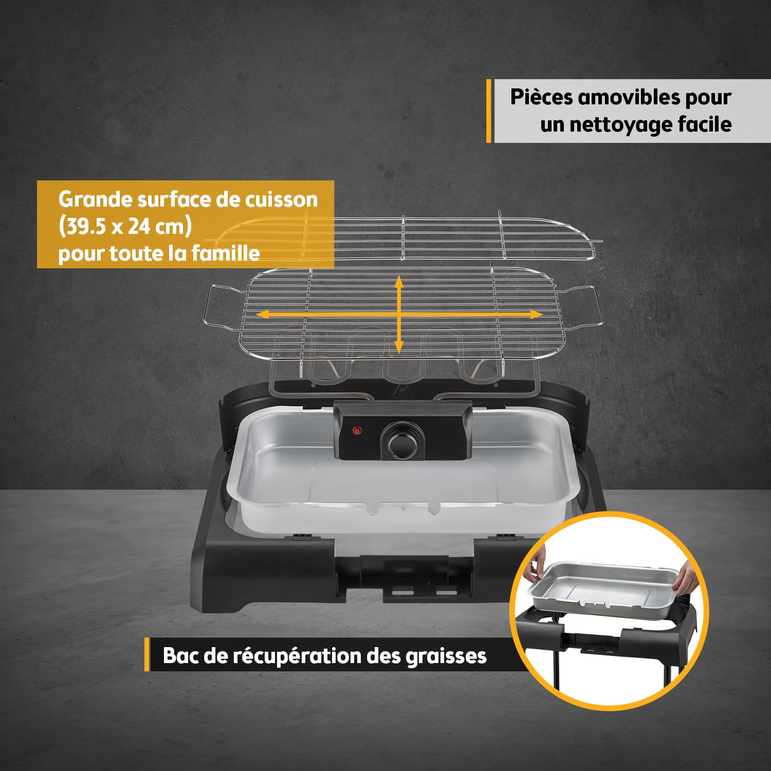 TZS First Austria - Barbecue Électrique sur Pied 2200W - Grill 2-en-1 avec Pare-vent - Thermostat Réglable - Cuisson sans Fumée avec 2 Tablettes Latérales - Noir