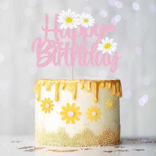 Miniatura 4 de WishFirst - Decoración para pastel de cumpleaños de margaritas, decoración de pastel de flores rosadas, suministros de fiesta de cumpleaños de