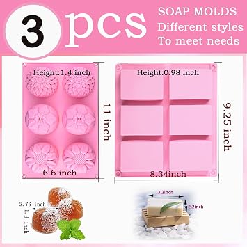 3 Pack Silicone Soap Molds,Flowers&Rectangular shape Soap Mold for Soap Making,Great for Handmade Soaps,Lotion Bars,Chocolate,Moon Cake
