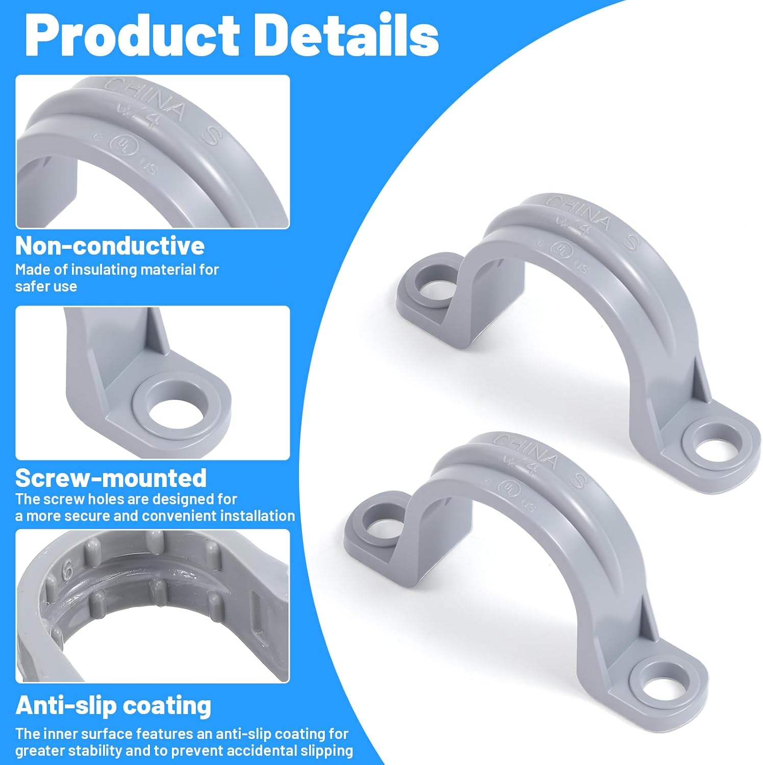 20 PCS 1/2 Inch PVC Pipe Strap Conduit Pipe Clamps for PVC - Grey