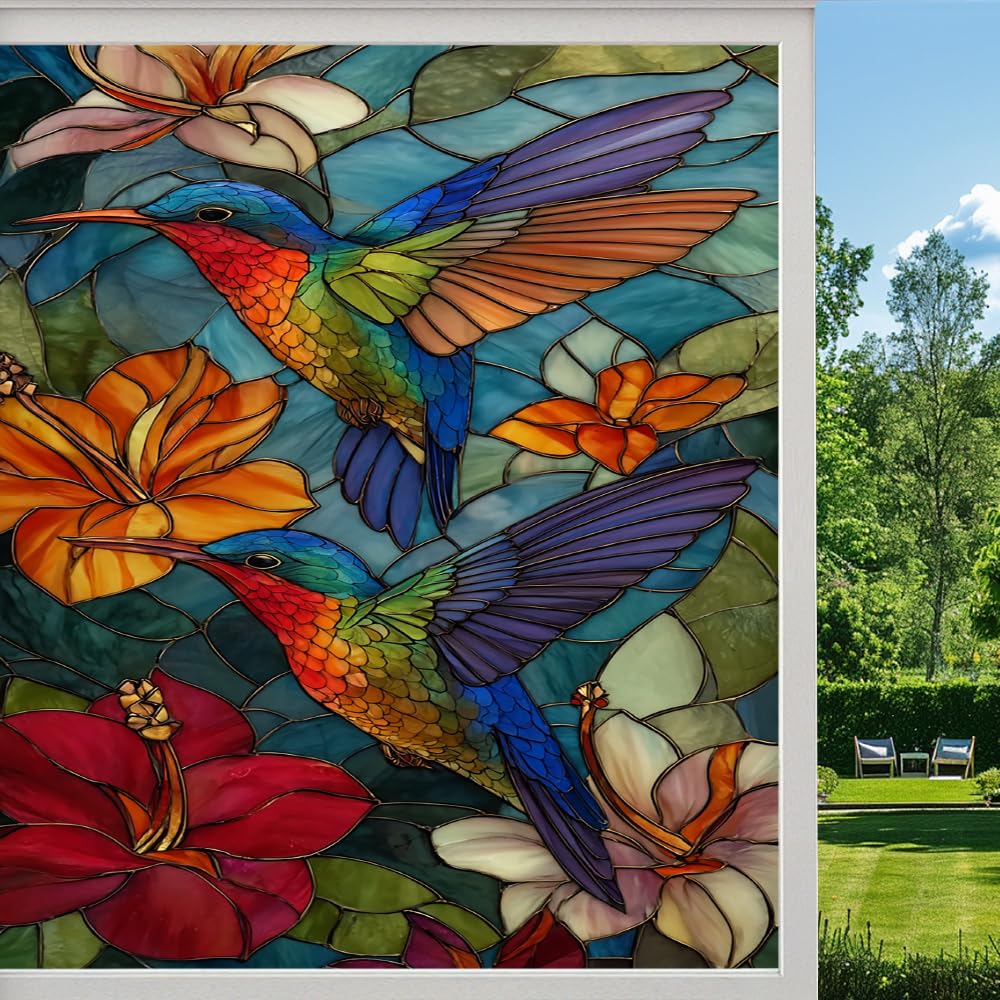 Pmlbaous Colorful Hummingbird Frosted Window Film, Tropical Natural Flowers Stained Glass Privacy Film, Heat Insulation Self-Adhesive Vinyl For Bathroom Office, （40X90cm）