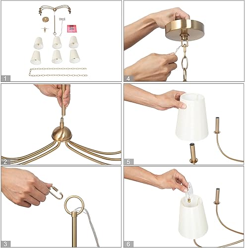 Miniatura 8 de Durent Lighting Candelabro de latón con 6 pantallas de tela, lámpara tradicional de comedor y sala de estar con marco de metal pulido, accesorio de