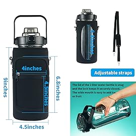 RYI Half Gallon Water Bottle with Sleeve & Strap 64 OZ Motivational Water Bottles with Straw Large Wide Mouth Water Jug with Time Marker for Fitness, Gym and Outdoor Sports, Leak-proof & BPA Free
