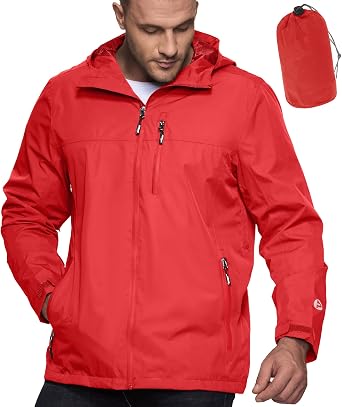 Outdoor Ventures Mens Packable Rain Jacket Waterproof Lightweight Raincoat | Windproof, Breathable, Mesh lining, 10000mm H2O, Underarm vents, Adjustable Hood, Zipper Pockets, Cycling, Hiking, Golf