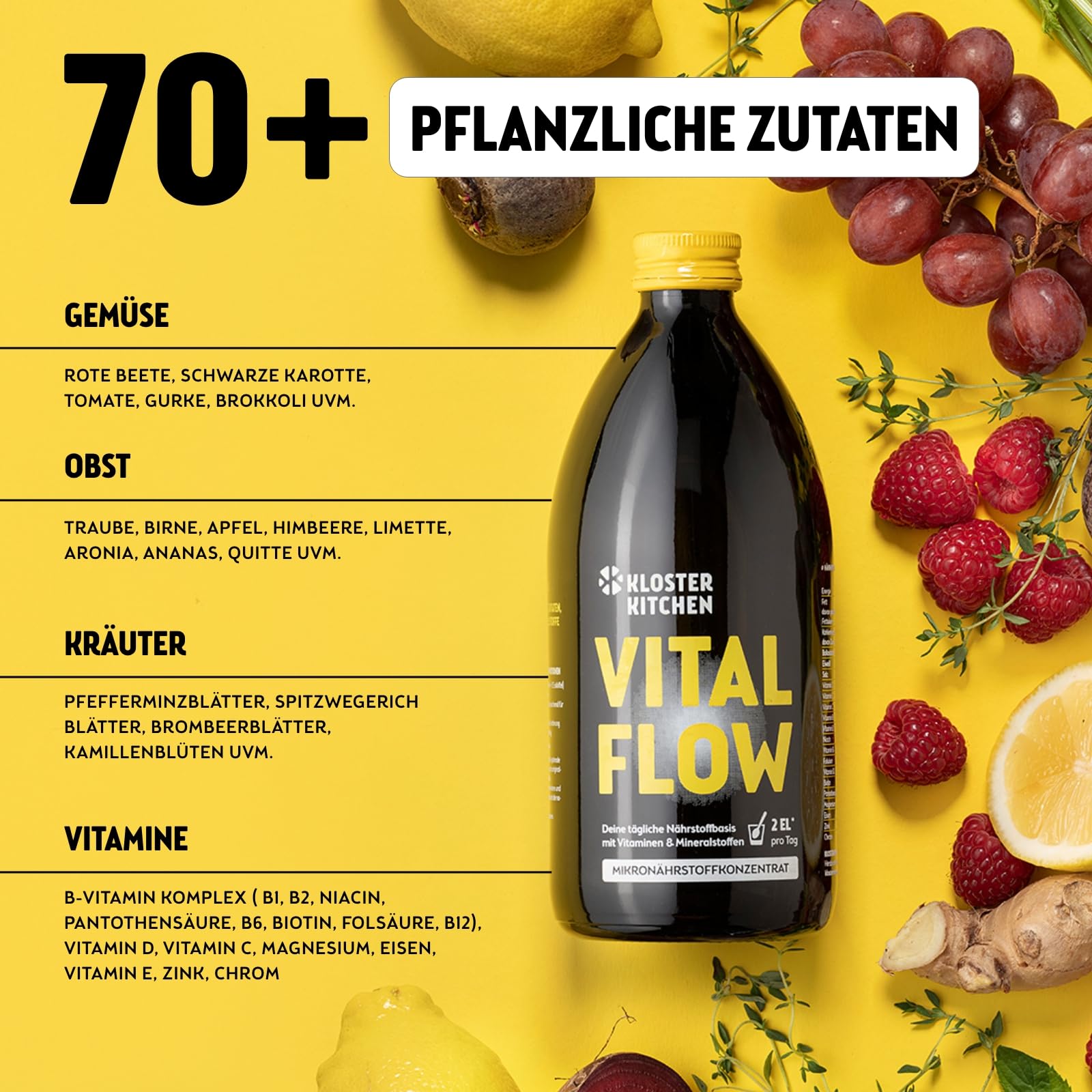 Kloster Kitchen Mikronährstoffkonzentrat Vital Flow | 3x 500 ml - 3 Monate - 74 Zutaten | Obst, Gemüse & Kräuter - Vitamine, Mineralstoffe & Spurenelemente | Mikronährstoffe Saft Flüssig Vegan