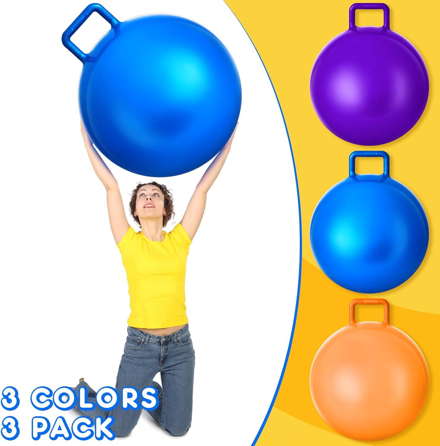 Lewtemi 3 Pcs 29 Inch Bouncing Ball with Handle, Outdoors Hopper Jumping Hopping Ball and Air Pump for Sports Exercise (Orange, Blue, Purple)