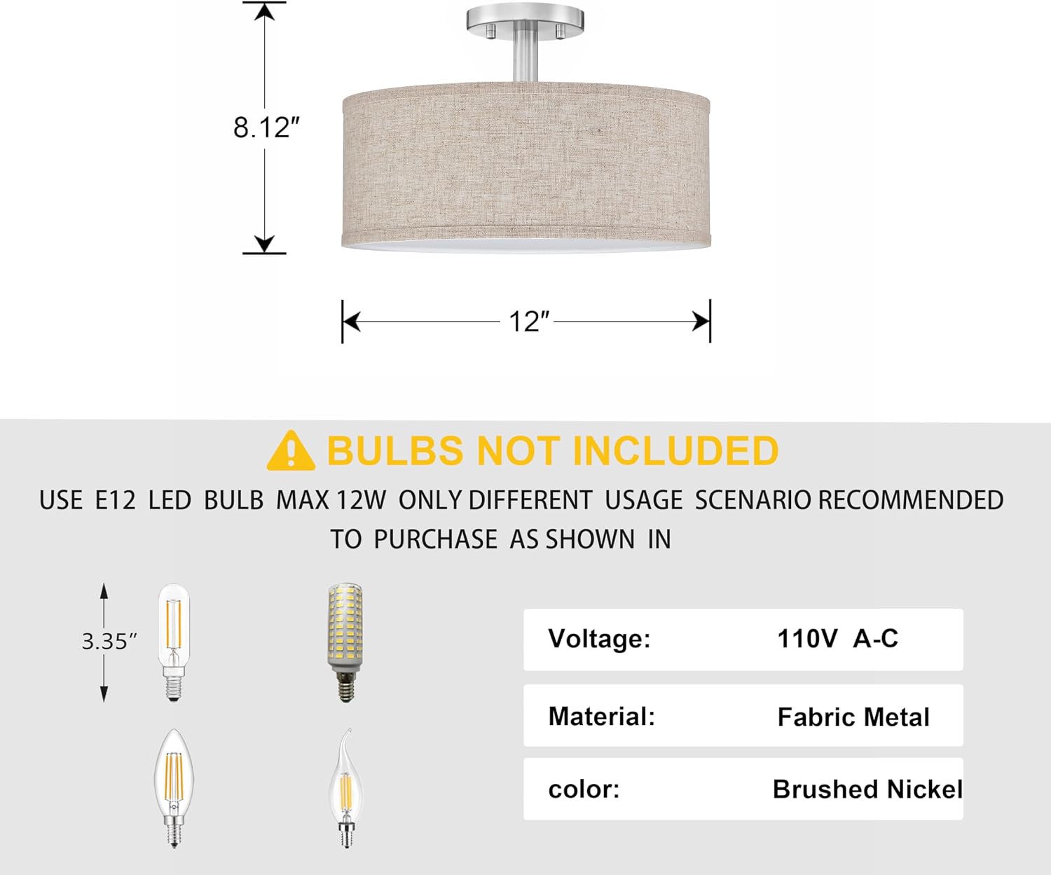 12 Inch Drum Brushed Nickel Semi Flush Mount Close to 3 Light Ceiling Light Fixture,Linen Fabric Shade for Bedroom,Living Room,Dining Room Hallway
