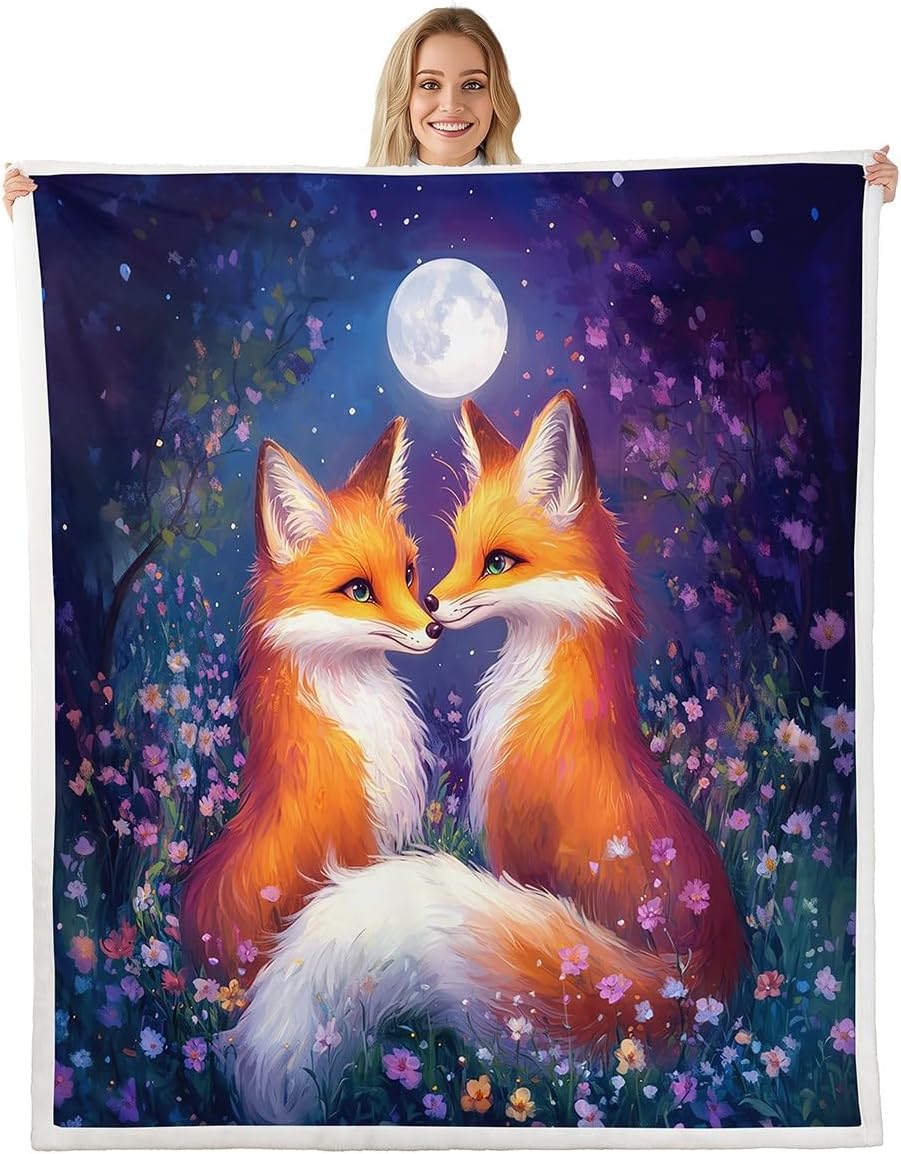 Castle Fairy Jungle Fox Sherpa Blanket Romantic Fox Couple Lightweight Polyester Blanket Valentine's Day Fleece Blanket Dreamy Watercolor Flowers Bed Blanket Queen for Home Bedroom Sofa Bed
