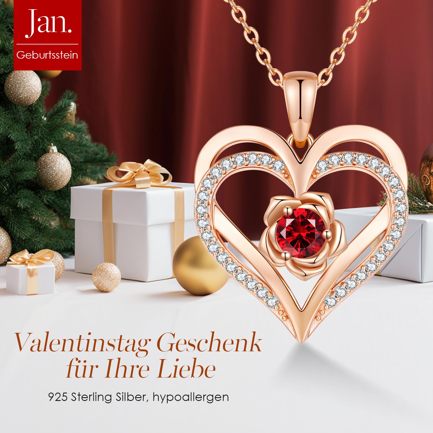 CDE Rosegold Herz Halskette für Damen Geburtsstein Schmuck Geschenk | Herz Halskette Geschenk für Frauen Mama mit Anhänger Schmuck Valentinstag Muttertag Geburtstag Weihnachten