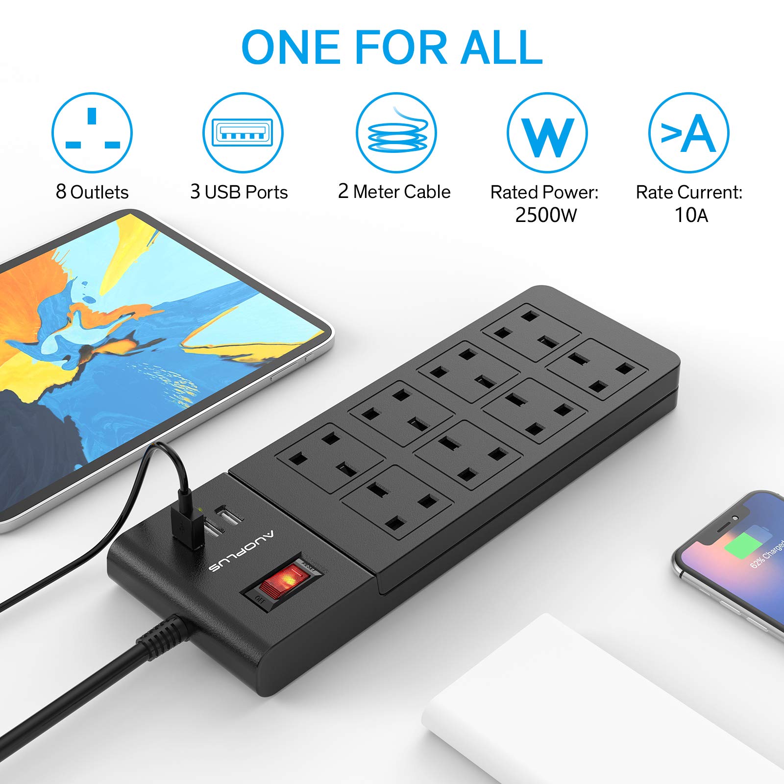 8 Way Extension Lead 2M, AUOPLUS Multi Plug Extension Lead with USB