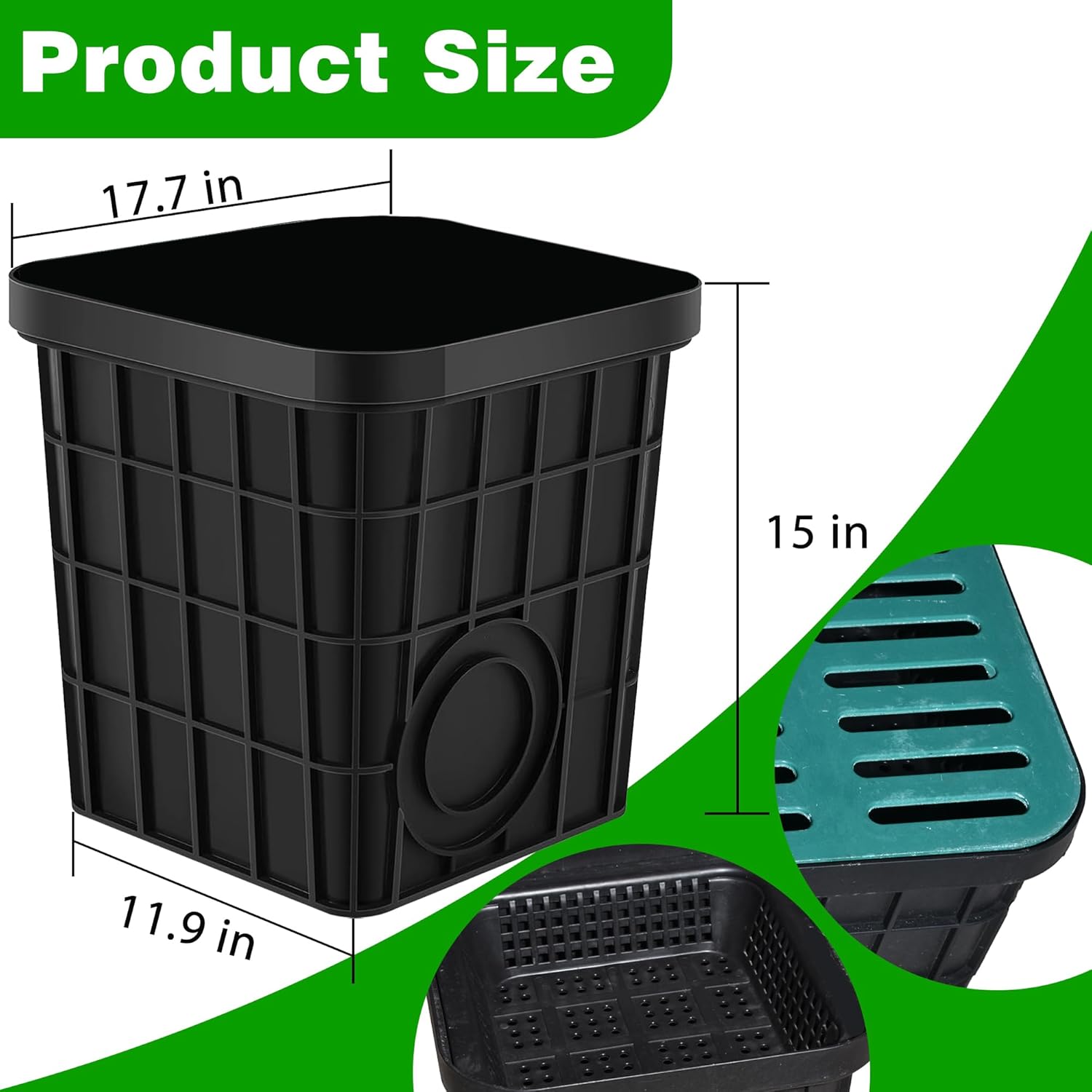 large drainage catch basin with fiber glass grate and debris basket, french drain catch basin with no pre-drilled holes for patios, downspouts, lawns, municipal plumbing (18x18x15 in) 18x18x15 in - a