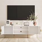 TV Stand for 55 60-inch TV, Entertainment Center with 2 Cabinets,TV Console with Soft Hinge Door with Gold Handle and Feet,TV Stand with Storage for Living Room,White and Gold