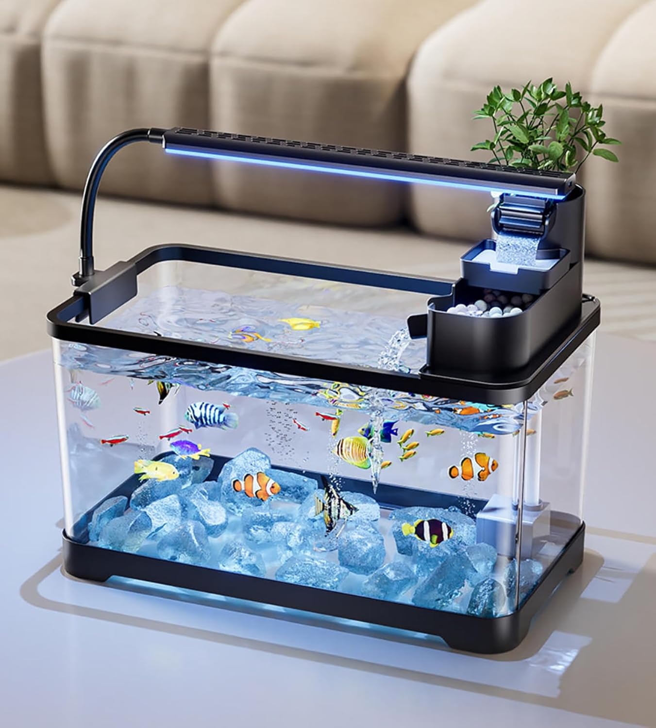 Fish Tank Aquarium Kit with LED Lights,Marine Aquarium Tank with Aquarium Filter, Fish Breeding Box for Small Fish Betta Kids Room Desktop Decor(Black,S)