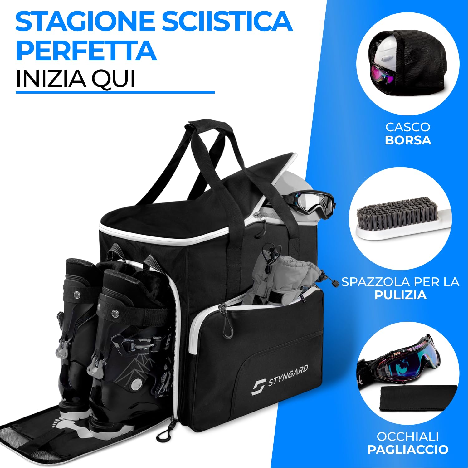 STYNGARD Borsa porta scarponi con scomparto per casco e scarponi [54 L] - Borsa per scarponi da sci con funzione zaino da sci modello Sölden