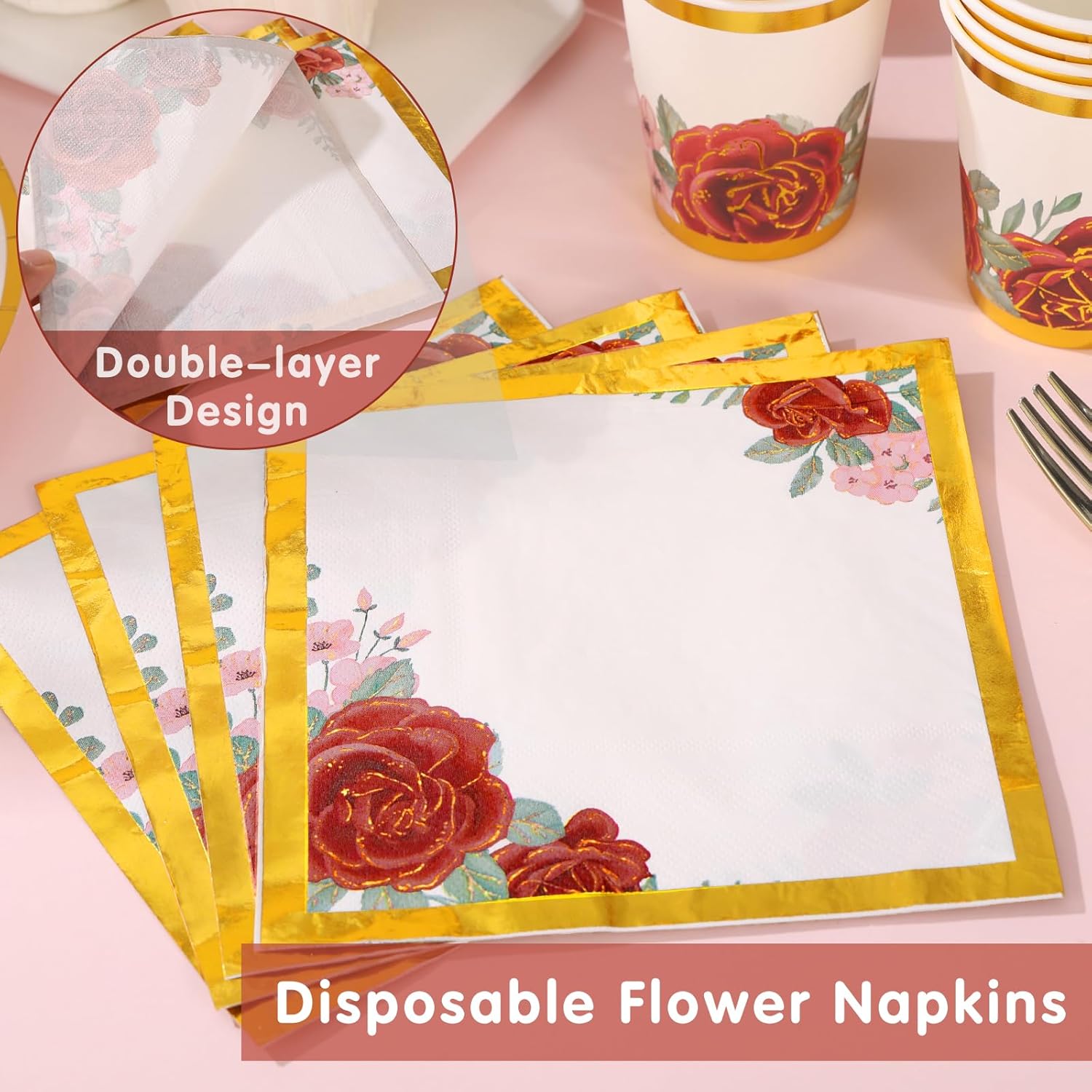 Floral Paper Plates Party Supplies 168PCS Bridal Shower Plates and Napkins Set Disposable Serve 24 Guests, Burgundy Flower Plates Disposable for Women Birthday Party Decorations