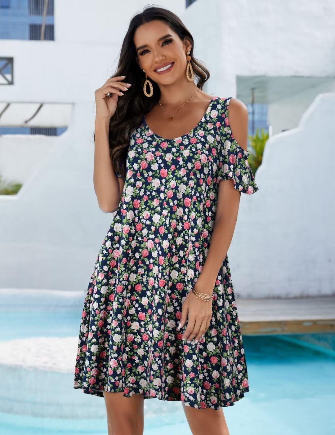 JollieLovin Womens Plus Size Short Sleeve Cold Shoulder V Neck T-Shirt Dress with Pockets - Image 3