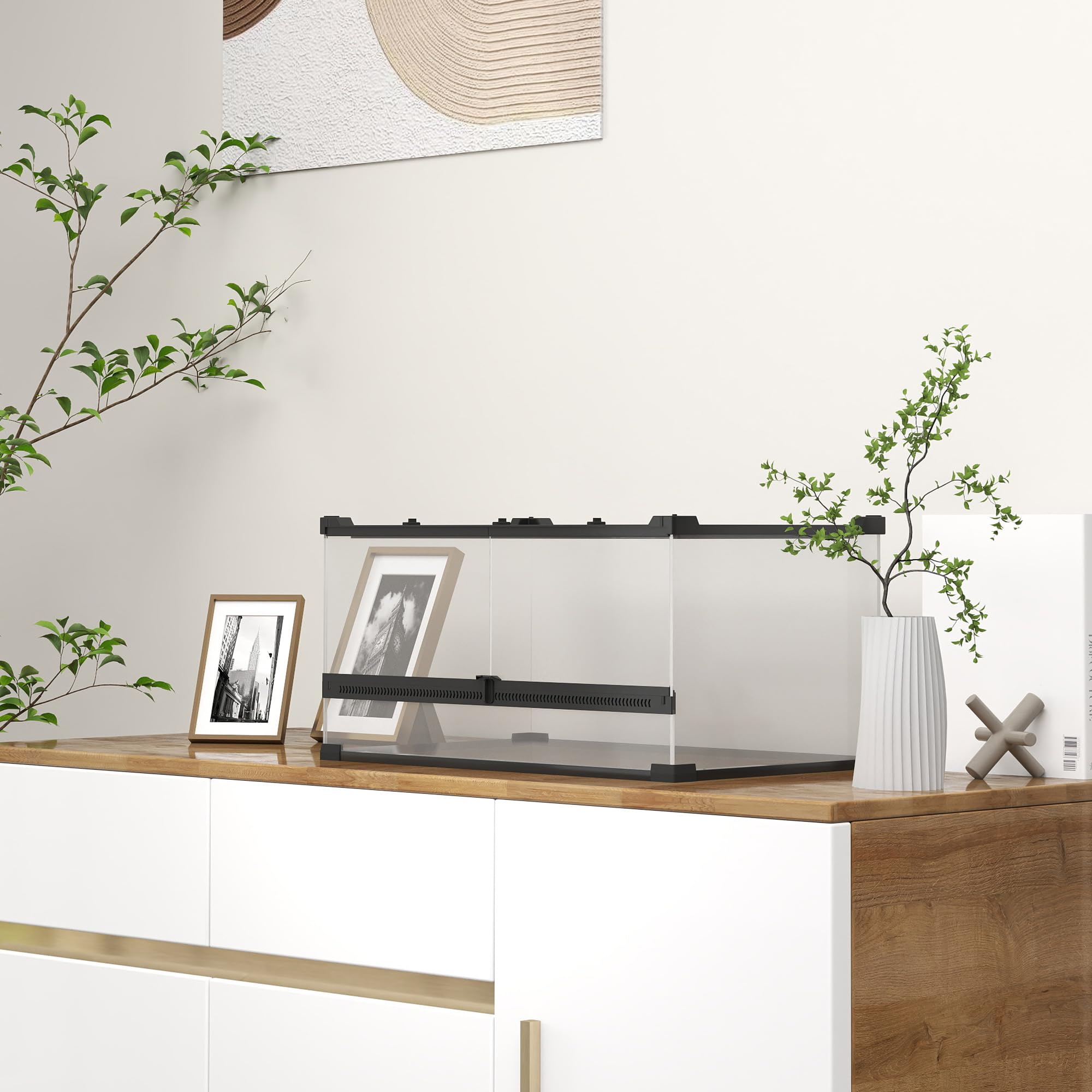 PawHut Terrarium dla gadów, szklane sterrarium 34 l, pudełko na karmienie gadów, z przednią wentylacją, odporne na wybicie zamknięcie obrotowe dla pająków, czarne, 50 x 30 x 25 cm