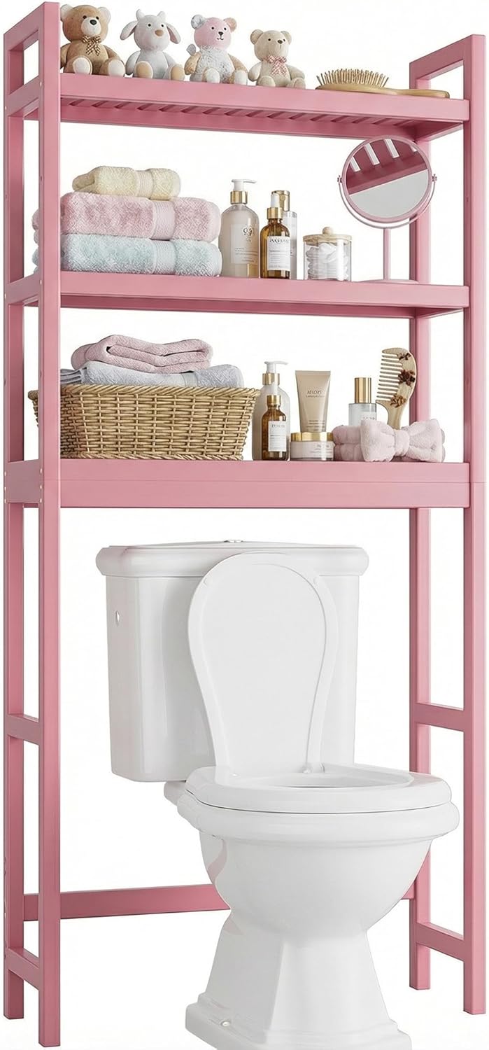 SMIBUY Bathroom Storage Shelf, Bamboo Over-The-Toilet Organizer Rack, Freestanding Toilet Space Saver with 3-Tier Adjustable Shelves (Pink)