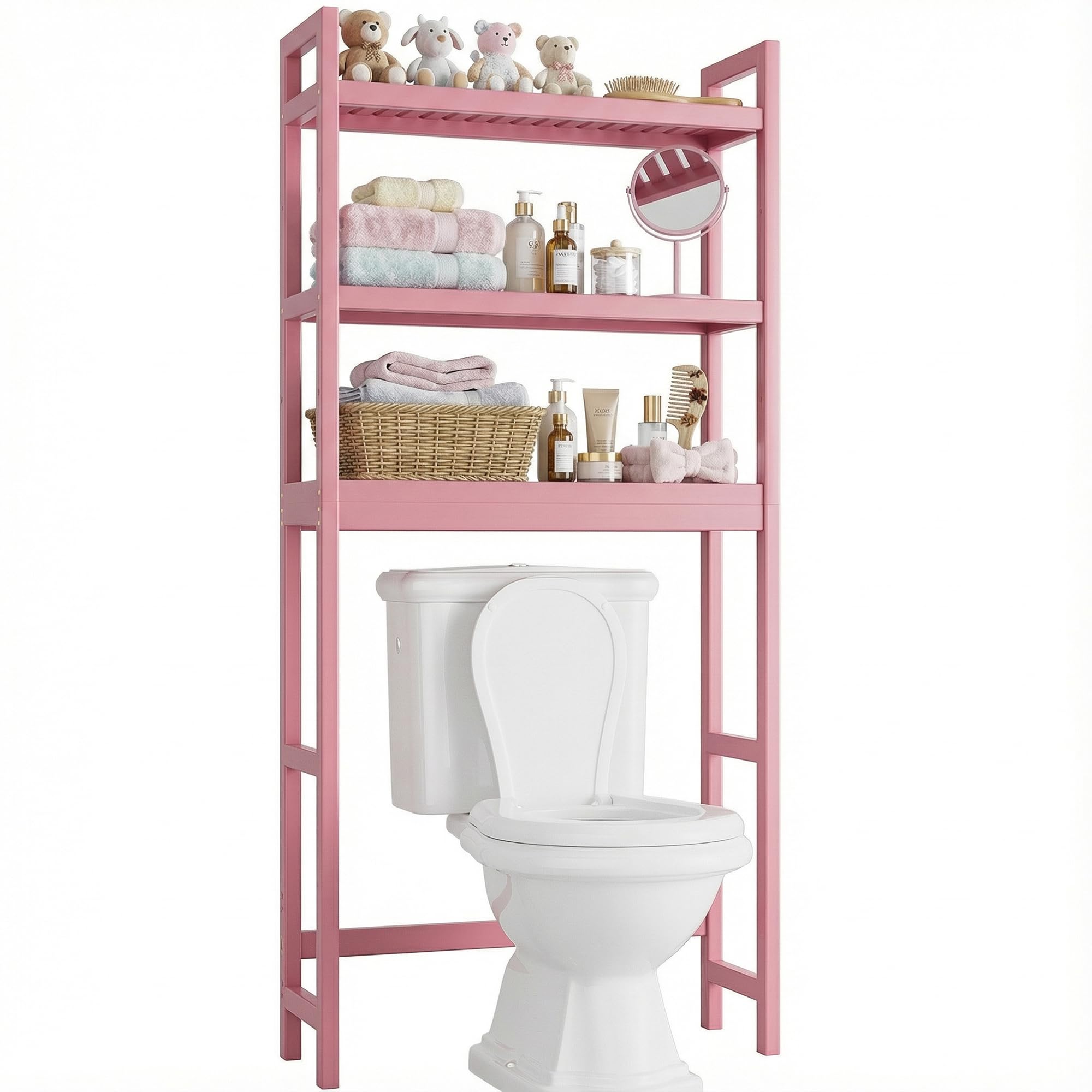 SMIBUY Bathroom Storage Shelf, Bamboo Over-The-Toilet Organizer Rack, Freestanding Toilet Space Saver with 3-Tier Adjustable Shelves (Pink)