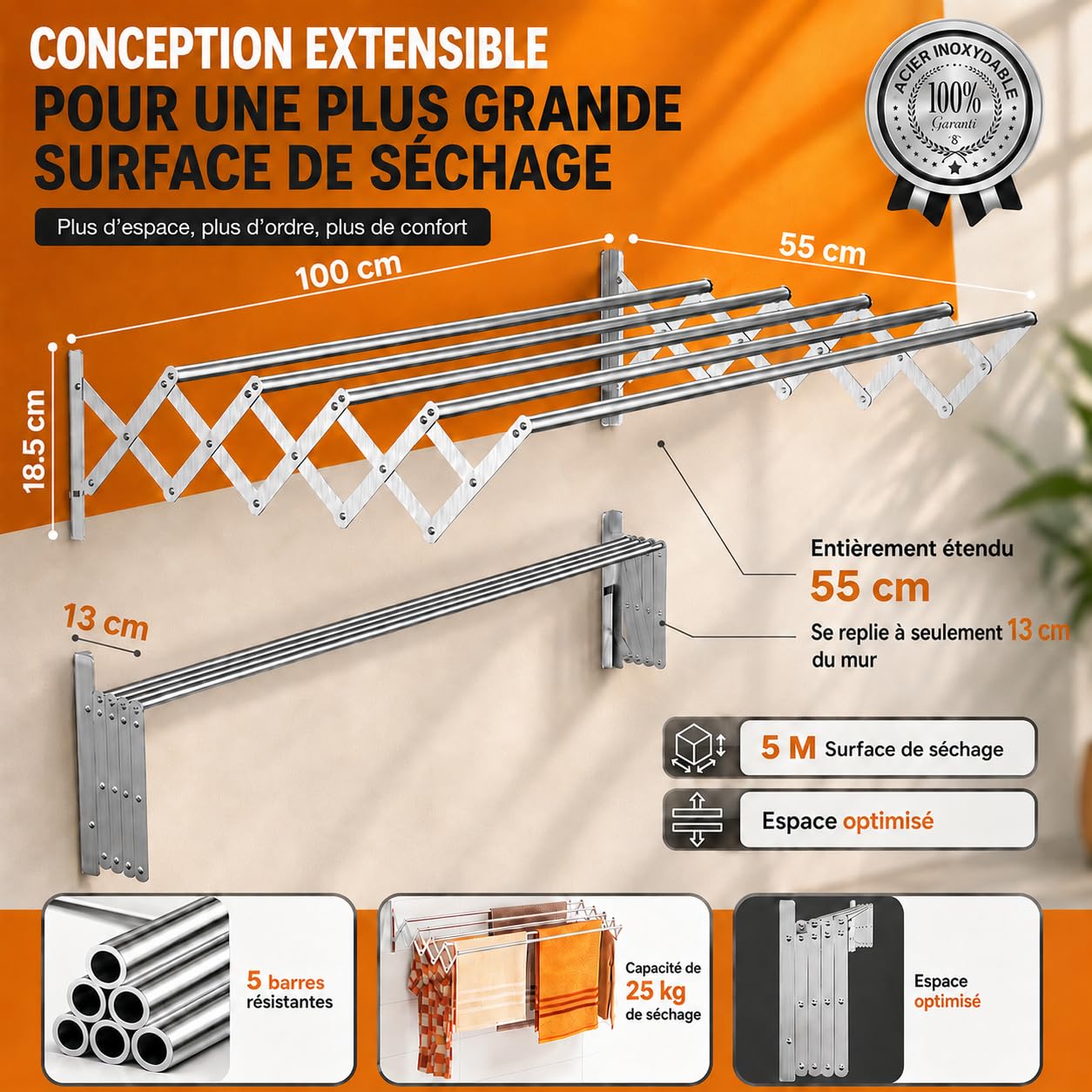 TEHORNEO Etendoir Mural 100 cm, Etendoir Mural Rabattable en Acier Inoxydable, Sechoir a Linge, Étendoir Pliable, Capacité de 25 kg, Compact, Intérieure et Extérieure