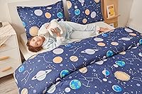 Vista 6 de Juego de colcha de 3 piezas para niños, diseño de planetas del zodiaco, galaxia, espacio exterior, tamaño matrimonial, tamaño Queen, ilustración