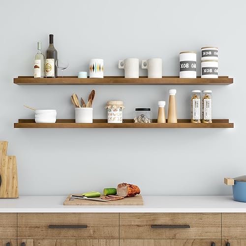 Miniatura 7 de Juego de 2 estantes de pared de 48 pulgadas de ancho, estantes flotantes rústicos de madera de pino maciza para pared para habitación de niños,