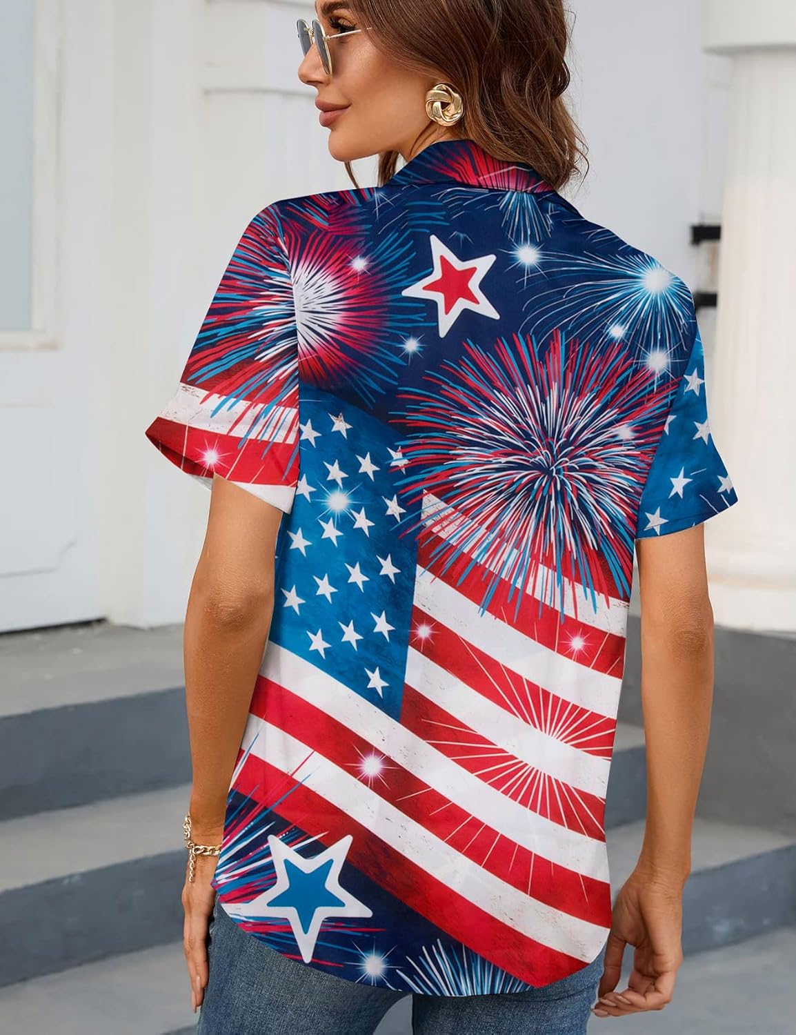 American Flag Shirt Patriotic T-Shirt: Women 4th of July Tops USA Red White Blue Tee Memorial Day Button Down Shirts - Image 4