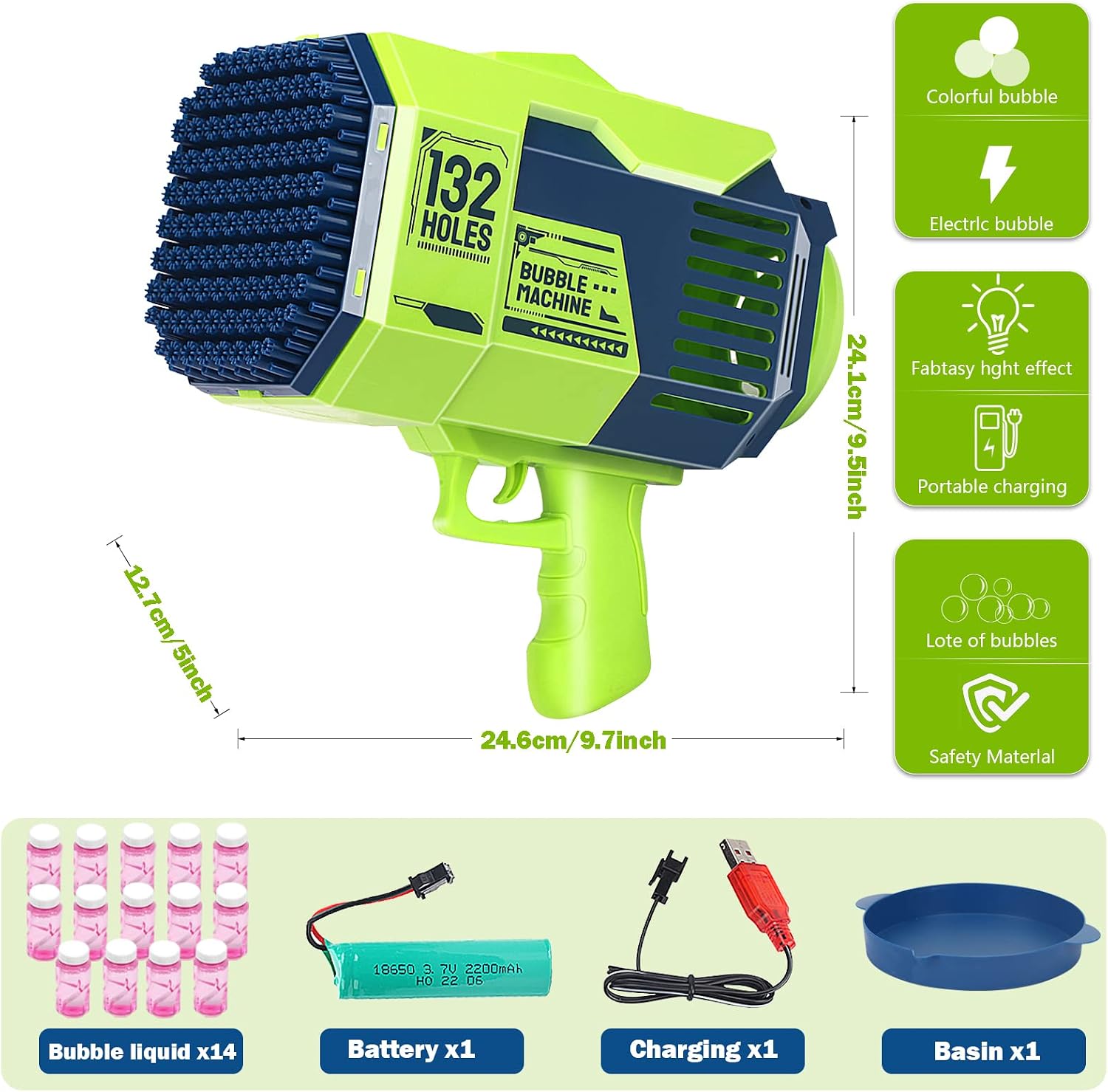Bubble Gun, Upgraded 132-hole Bubble Machine Gun with Color Light, Bazooka Bubble Machine,Suitable for Children Adults, Indoor and Outdoor Birthday Wedding Party Events (Green)