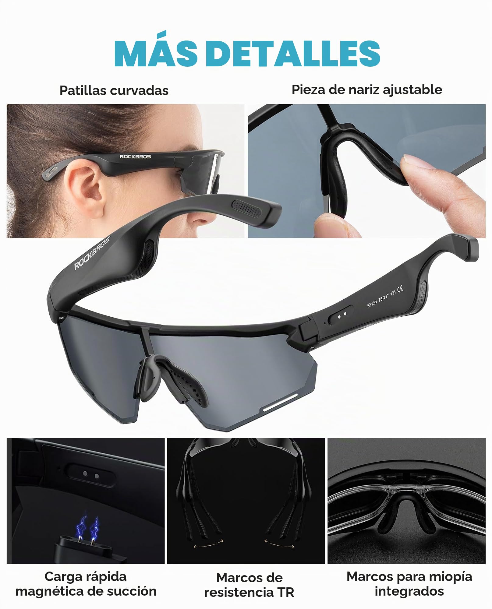 ROCKBROS Gafas Inteligentes Bluetooth Polarizadas con Sonido Open Ear | Ultra Ligero sin Presión, Lentes Livianas para Ciclismo MTB Running Correr Senderismo Pesca Conducir Hombre Mujer Unisex