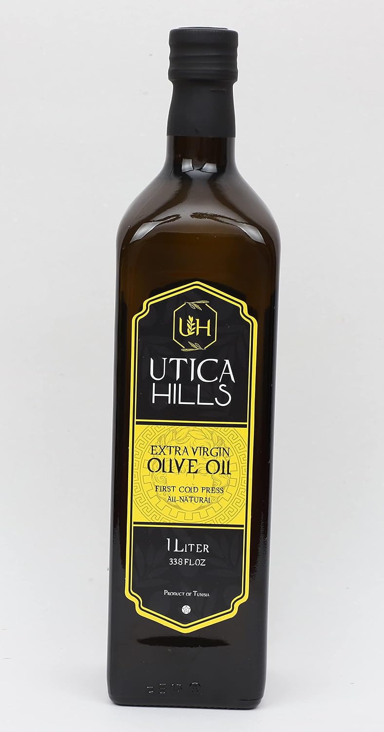 UTICA HILLS, TUNISIAN First Cold Pressed Extra Virgin Olive Oil, All natural, Glass Bottle 1L  33.8 fl. oz, Kosher Certified