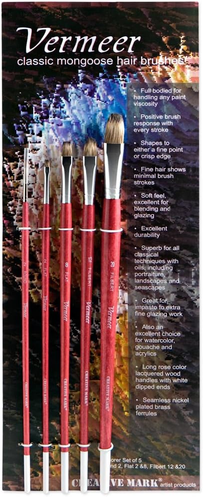Vermeer 6 Piece Mongoose Hair Paintbrush Set, Short Handle Paint Brushes for Oils, Acrylics, Gouache & Watercolor