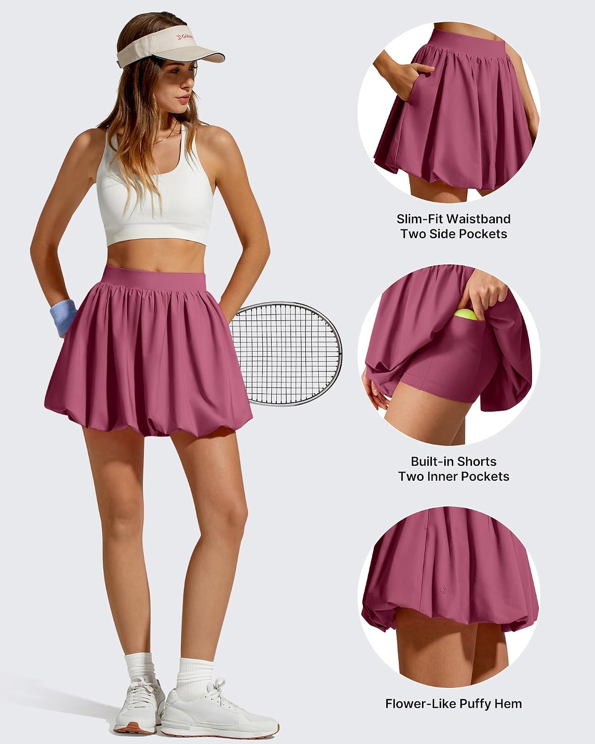 G4Free Chillwhisp Bubble Tennis Skirts for Women - 14" Mini Athletic Ruffled Hem Casual Skorts Inner Shorts with 3 Pockets