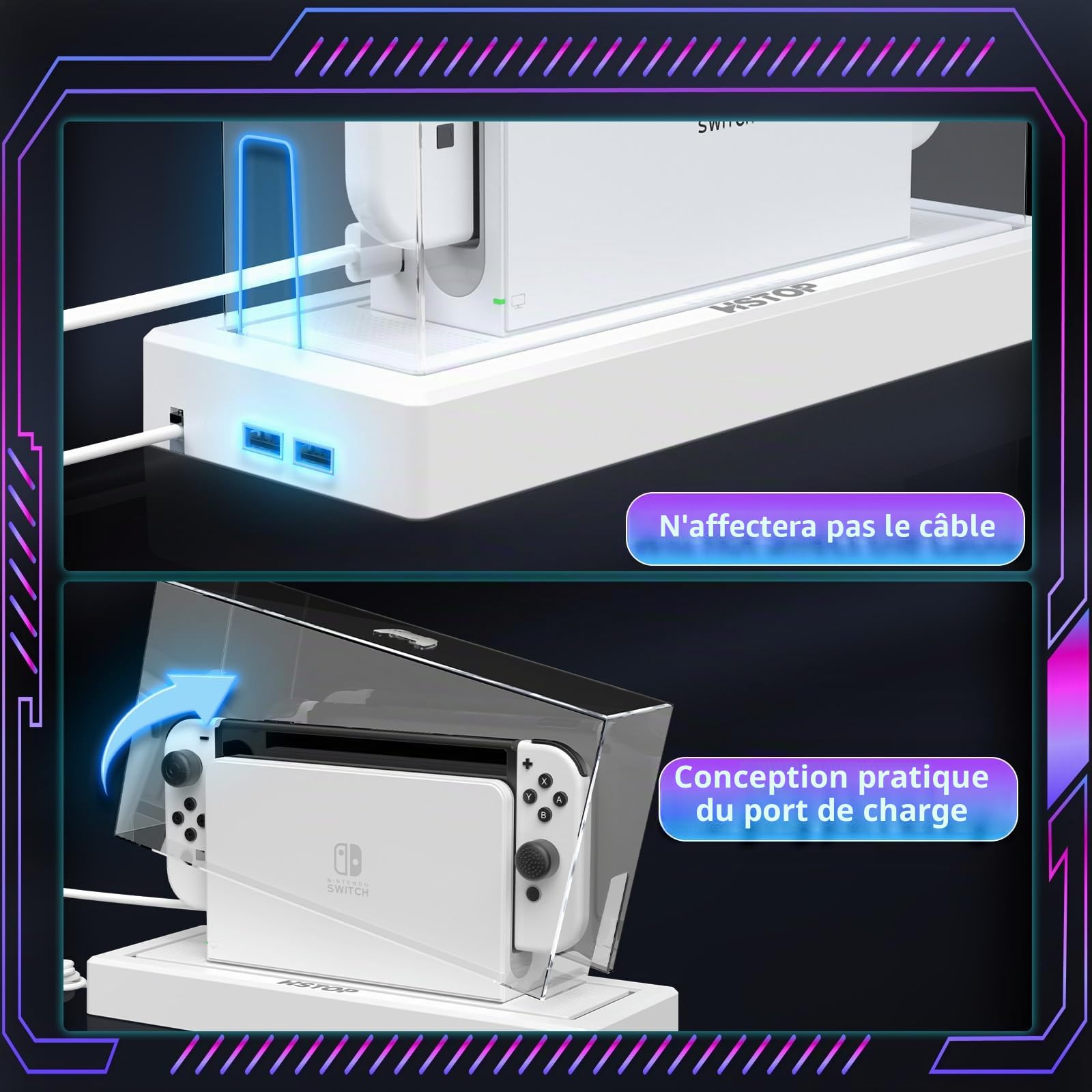 Anti Poussière Housse de Protection pour Nintendo Switch/Switch OLED,Coque Étui Dock de Protection Rayures Étanche pour Accessoire Switch/Switch OLED avec 16 Couleurs LED Lumière-Transparent
