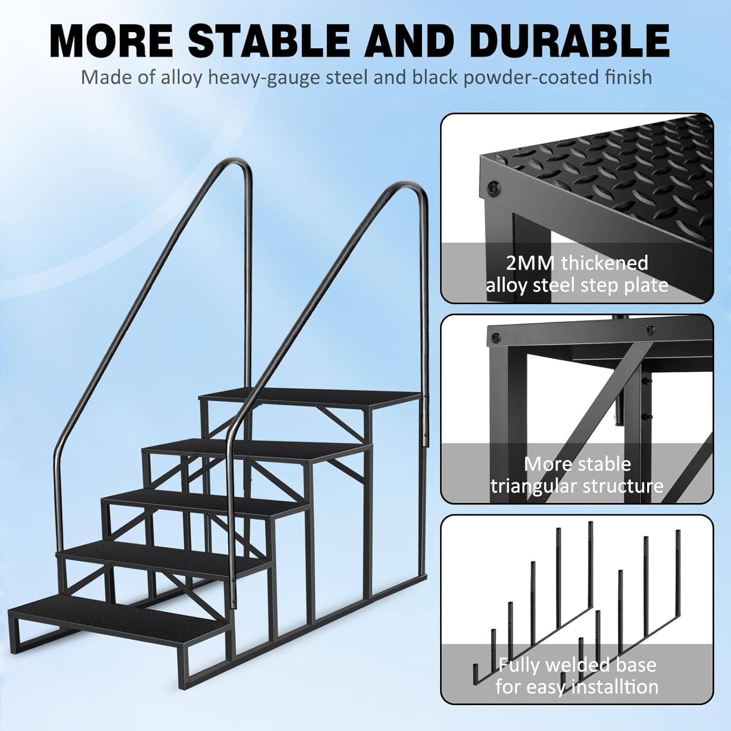 3/4/5 Step Above Ground Swimming Pool Ladder Entry System, Hot Tub Steps with Handrails, Swimming Pool Ladder Above Ground, Porch Steps for Spa, Travel Trailers, Camper, 5th Wheel RV and Motor Home