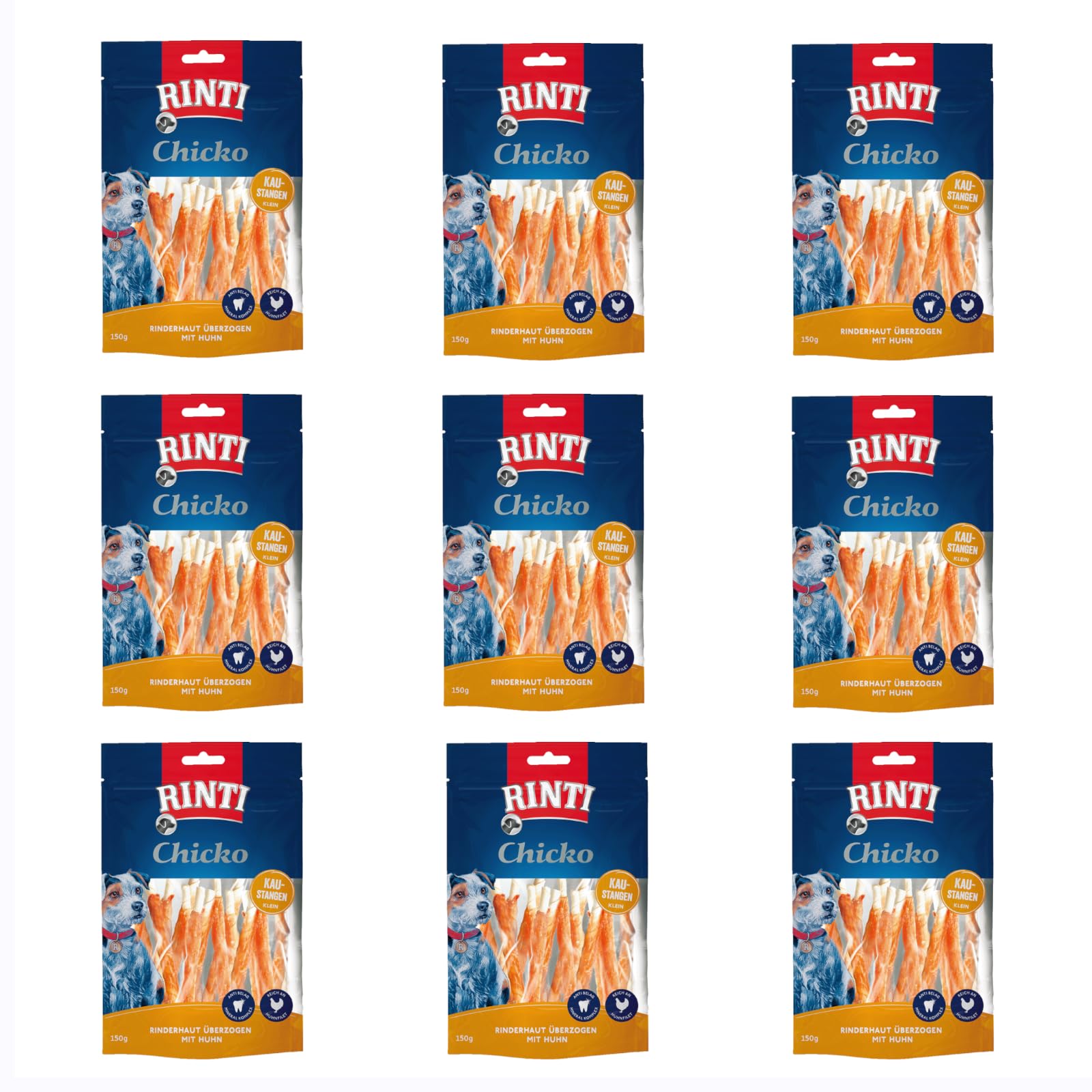 Rinti Chicko Kaustangen klein | 9er Pack | 9 x 150 g | Aus bissfester Rinderhaut mit Hühnerfleisch überzogen | Putzkörperchen auf Mineralstoffbasis | Wiederverschließbar