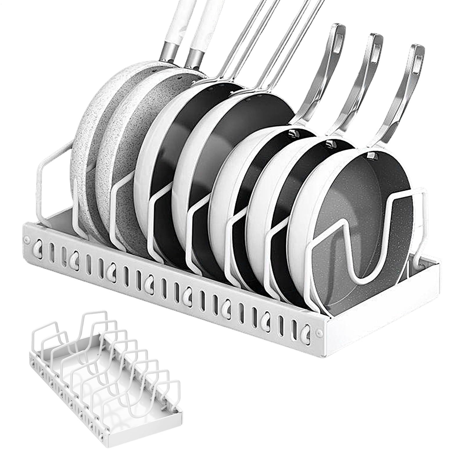 Estante de almacenamiento extensible y sartenes – Soporte autoadhesivo | polea con organizador de tapa de olla ajustable | Práctico estante de almacenamiento que ahorra espacio para organizar