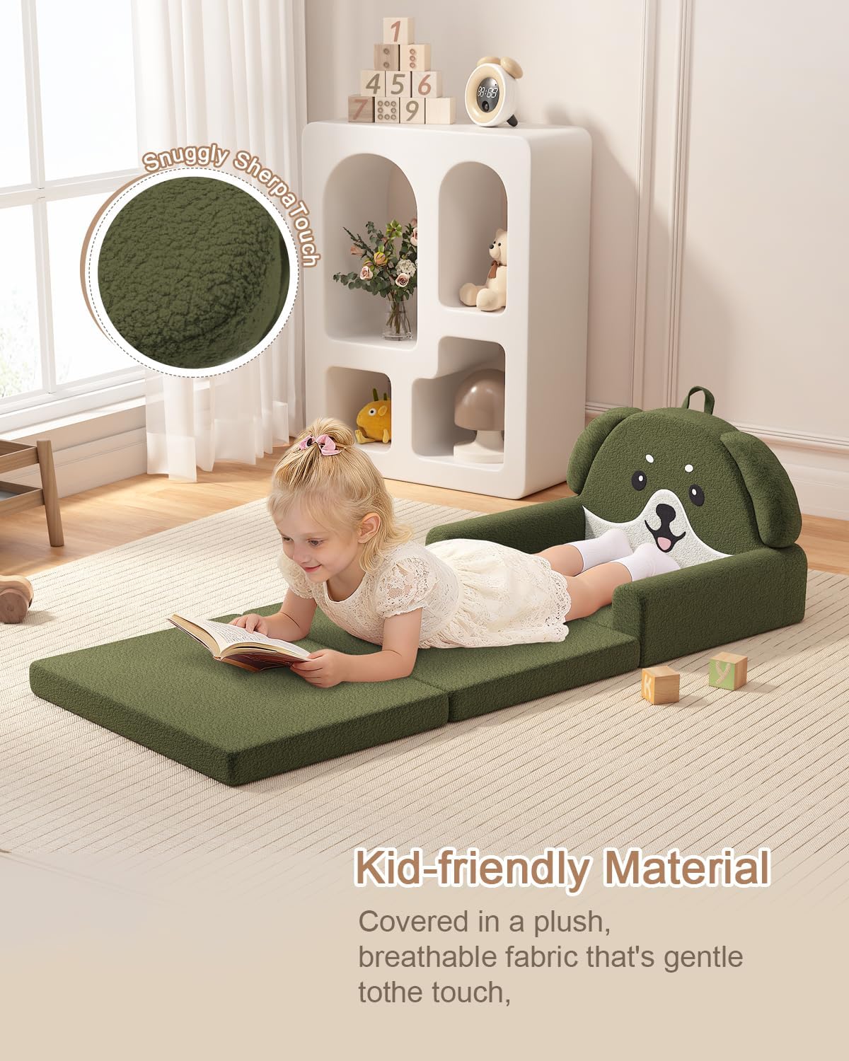 YACODAVO 2-in-1 Kids Couch, Soft Toddler Couch Fold Out for Girl and Boys, Dog Design Foldable Kids Sofa to Lounger, Convertible Kids Chairs Comfy, Gift for Birthday, Children's Day, Dark Green