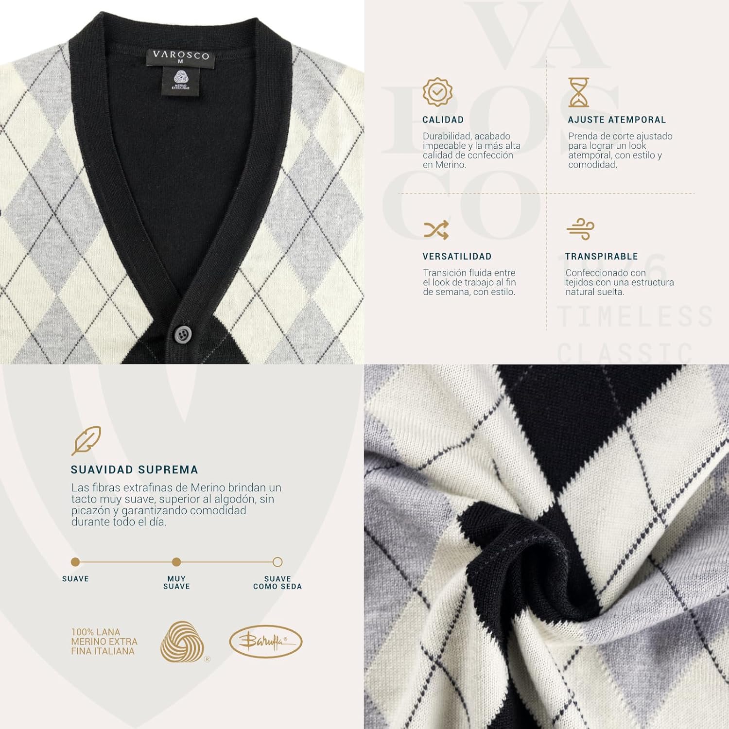 | Merino Wool Cardigan Sweater - Argyle Model | Woolmark Certified - Image 4