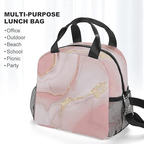 Miniatura 5 de Niapessel Lonchera térmica con estampado de mármol rosa dorado y con soporte para botella de agua y correa de hombro extraíble para volver a la