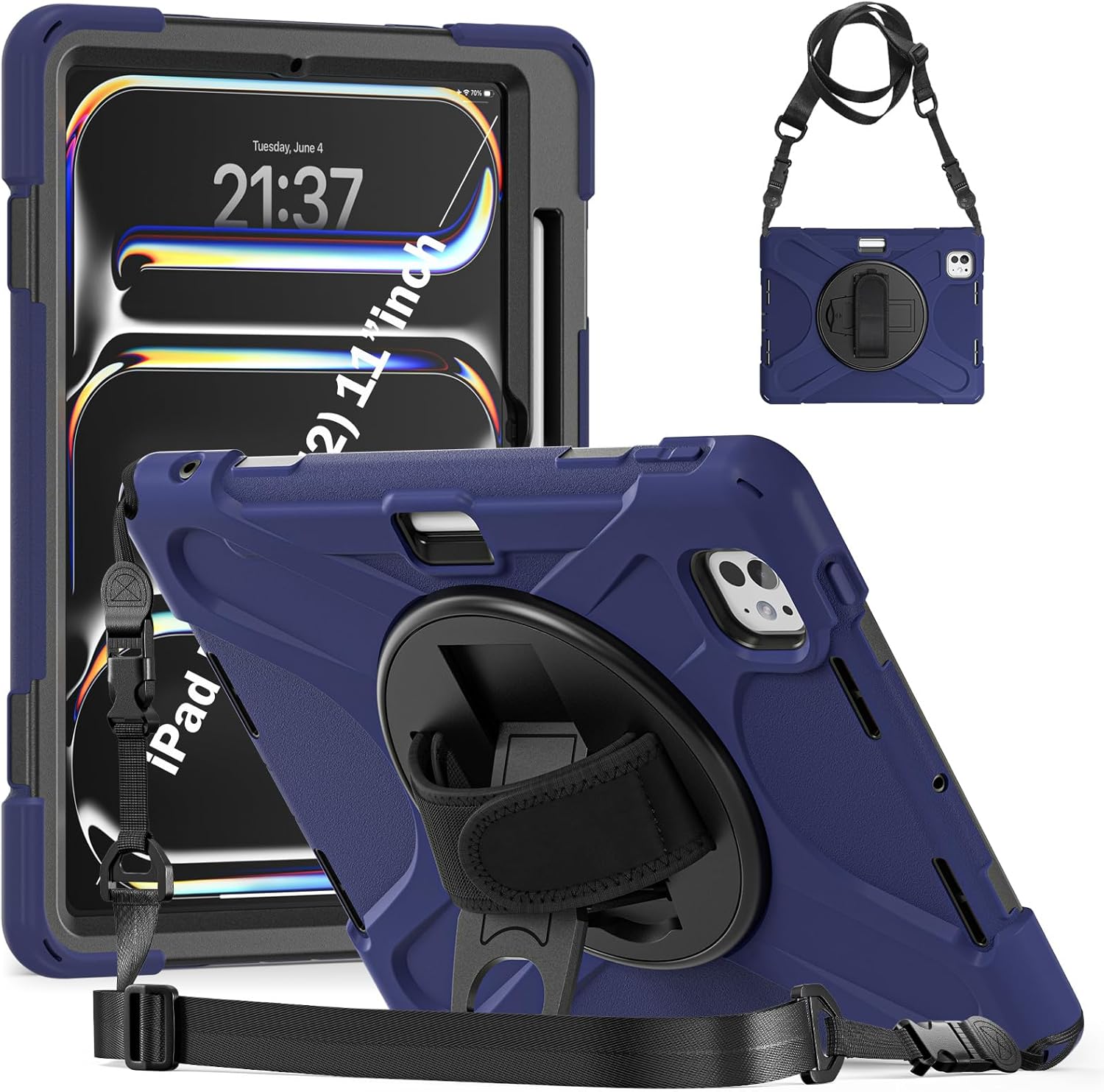 Case for 11 inch iPad Pro 11 M4 2024 (A2837/A2836), 360 Rotating Hand Strap Shockproof Protective Cover with Shoulder Strap, Navy Blue