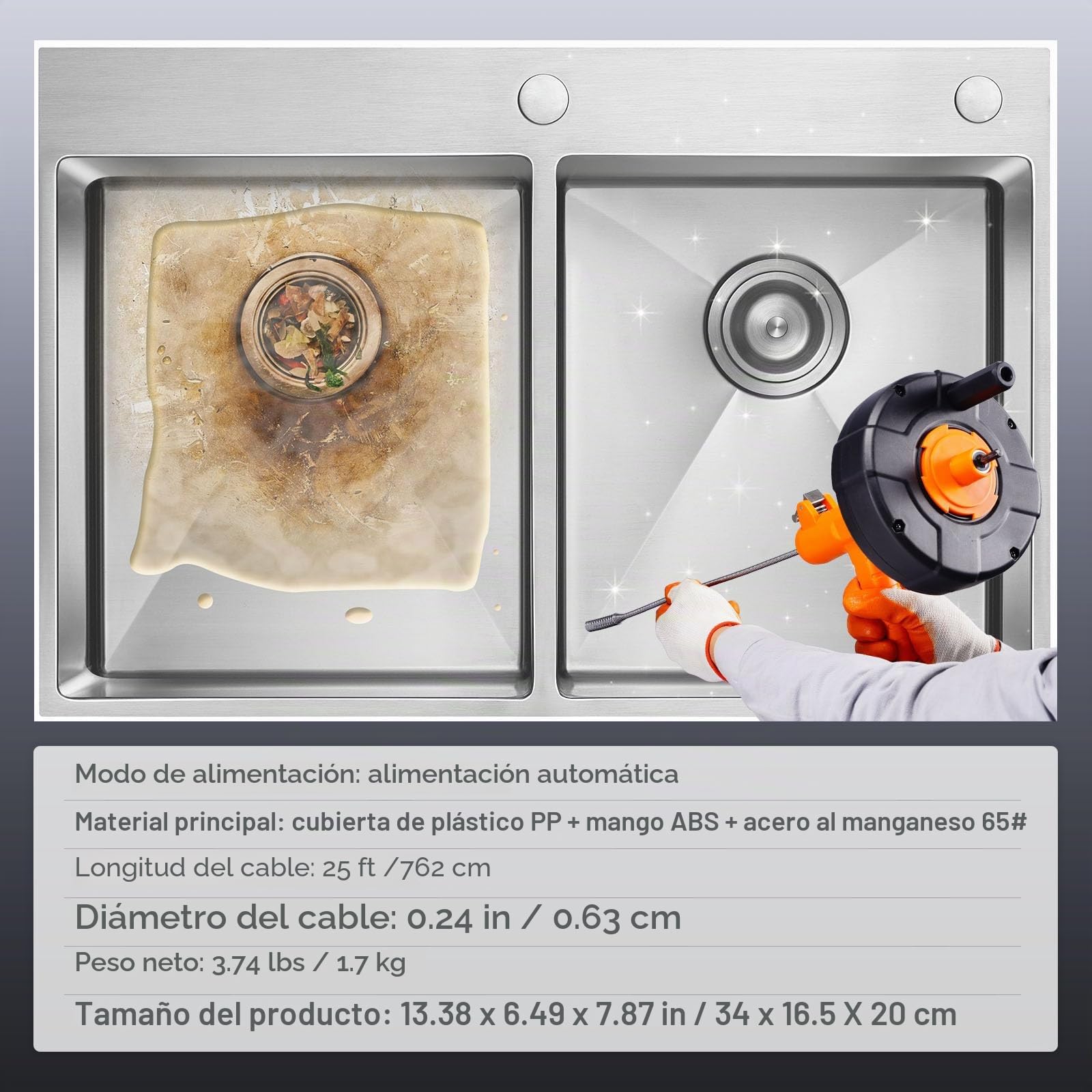 VEVOR Espiral de Limpieza de Tuberías 0,63x76,2 cm Cable de Acero de Resorte Limpiador de Drenaje de Alimentación Automática de Limpieza de Tuberías Limpiador de tuberías para Inodoros, Cocina, Baño