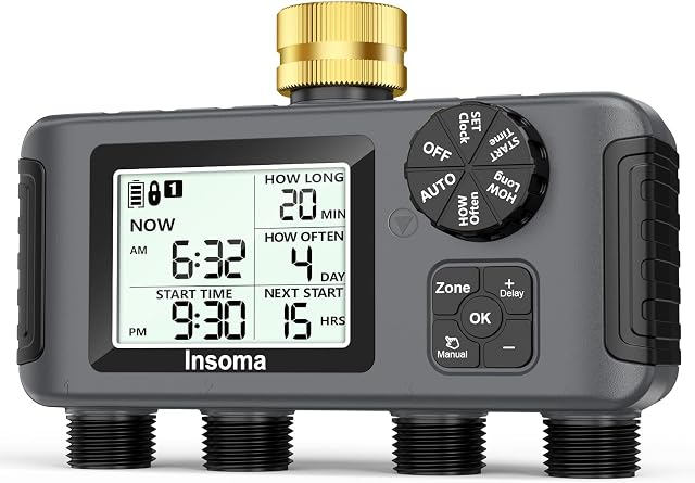 Insoma 4 Zones Sprinkler Timer with Brass Inlet, Water Timer for Garden Hose with Auto/Manual/Rain Delay Mode, Hose Timers for Irrigation Watering System for Yard, Lawn, Plant Watering