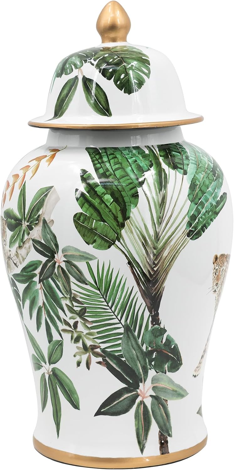 A&B Home 18" Porcelain Ginger Jar with Green Leaf Pattern, Large Lidded Jar for Storage, Home Decor Tabel Top Centerpiece Decorative Vase