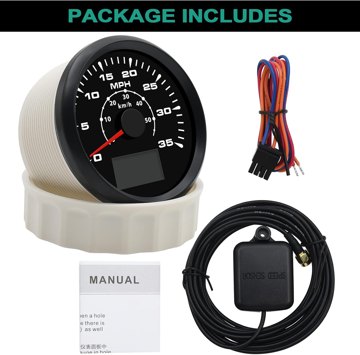 Geloo 85MM Boat GPS Speedometer Gauge 35 MPH 50 km/h Marine MPH Speedometer Waterproof Speedometer Odometer for Boat Truck Motorcycle Automotive Replacement Speedometers with 7 Colors Backlight 9-32V