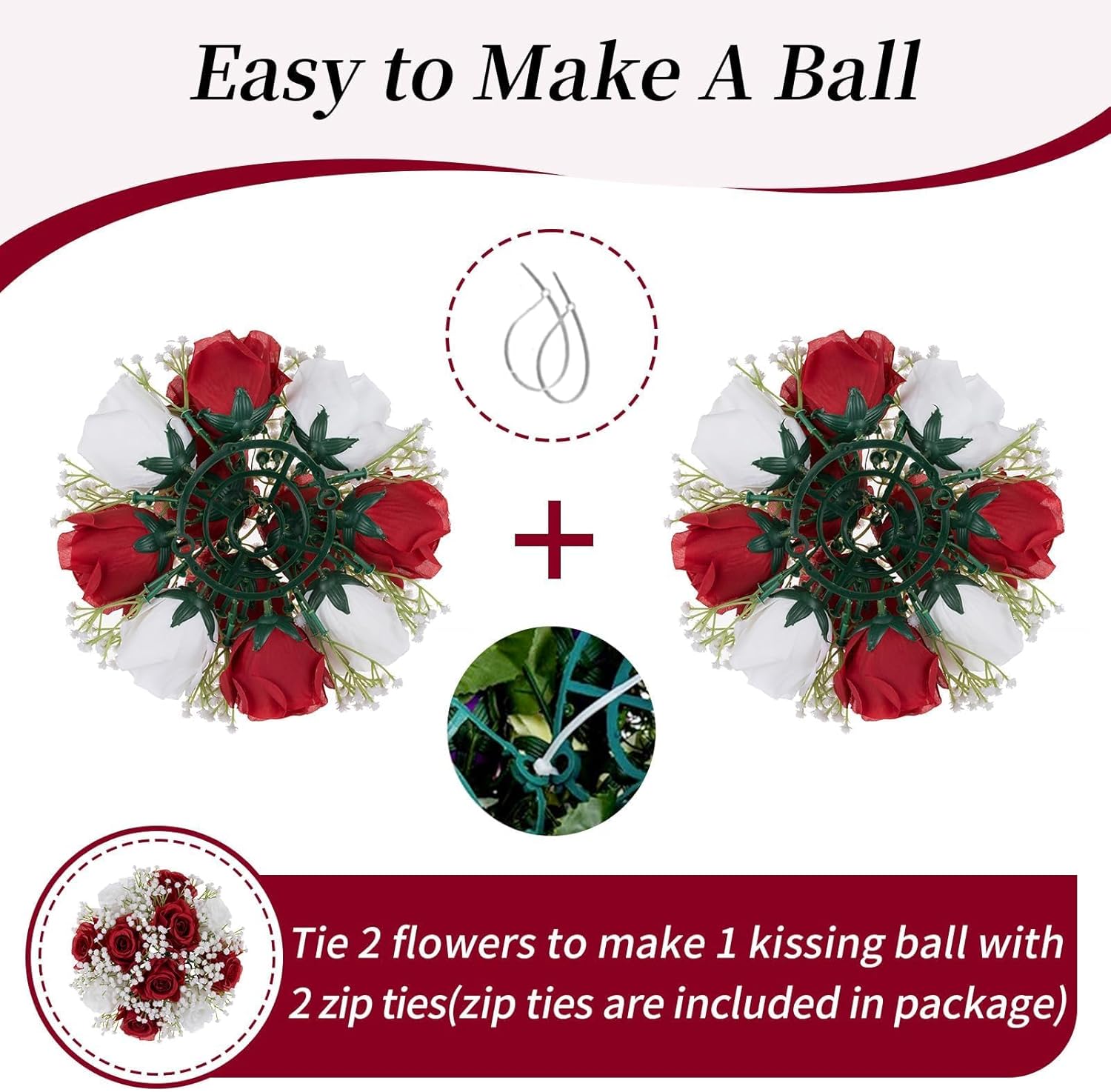 BLOSMON Fake Flowers Ball Wedding Centerpieces 2 Pcs Crimson Rose Babys Breath Artificial Flowers Center Pieces Decoration for Table Silk Kissing Floral Bouquet Arrangements for Home Party DIY Decor - Image 5